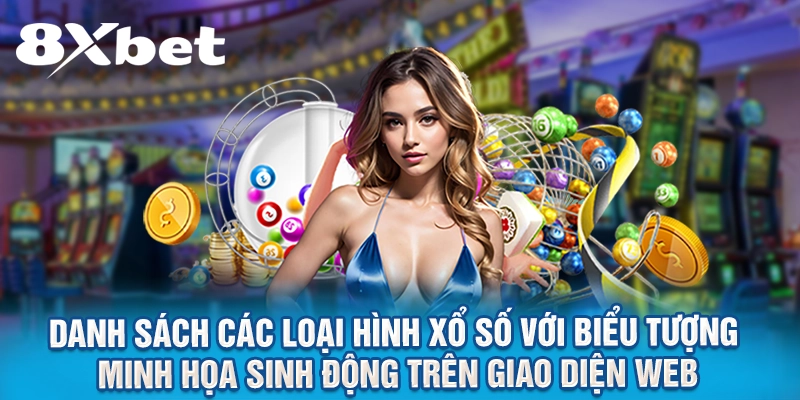 Danh sách các loại hình xổ số với biểu tượng minh họa sinh động trên giao diện web