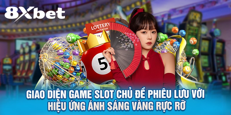 Giao diện game slot chủ đề phiêu lưu với hiệu ứng ánh sáng vàng rực rỡ